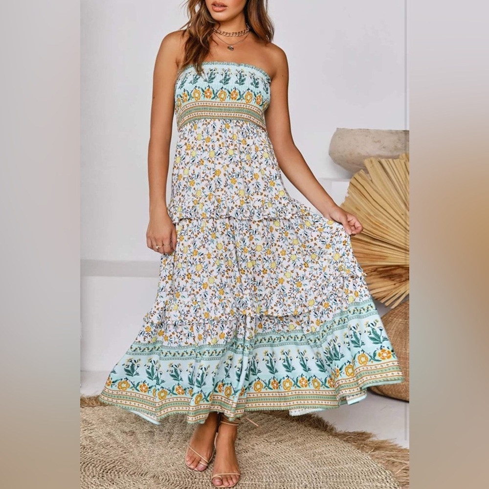 NWT Floral Boho Maxi Dress with Green Accents S - Picture 2 of 12